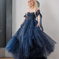 Star Sequin Navy Blue A Line Straps Layered Tulle Date Dress Prom Dress Evening Dress SH3888