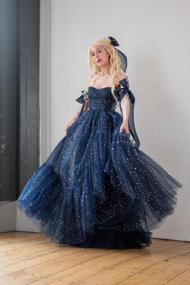 Star Sequin Navy Blue A Line Straps Layered Tulle Date Dress Prom Dress Evening Dress SH3888