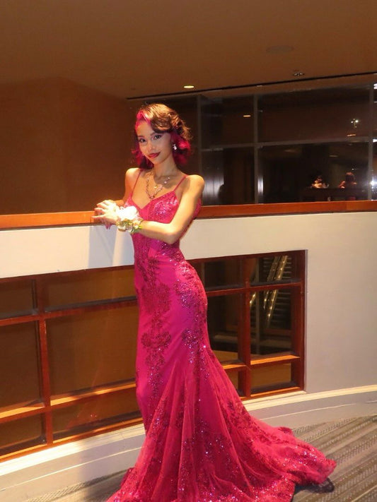 Hot Pink Mermaid Sequin Tulle Prom Dress 16th Birthday Dress Wedding Guest Dress SH4282