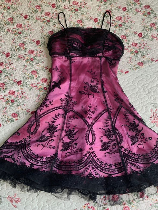 A Line Spaghetti Strap Black Applique Tulle Pink Satin Homecoming Dress Cocktail Dress SH3715