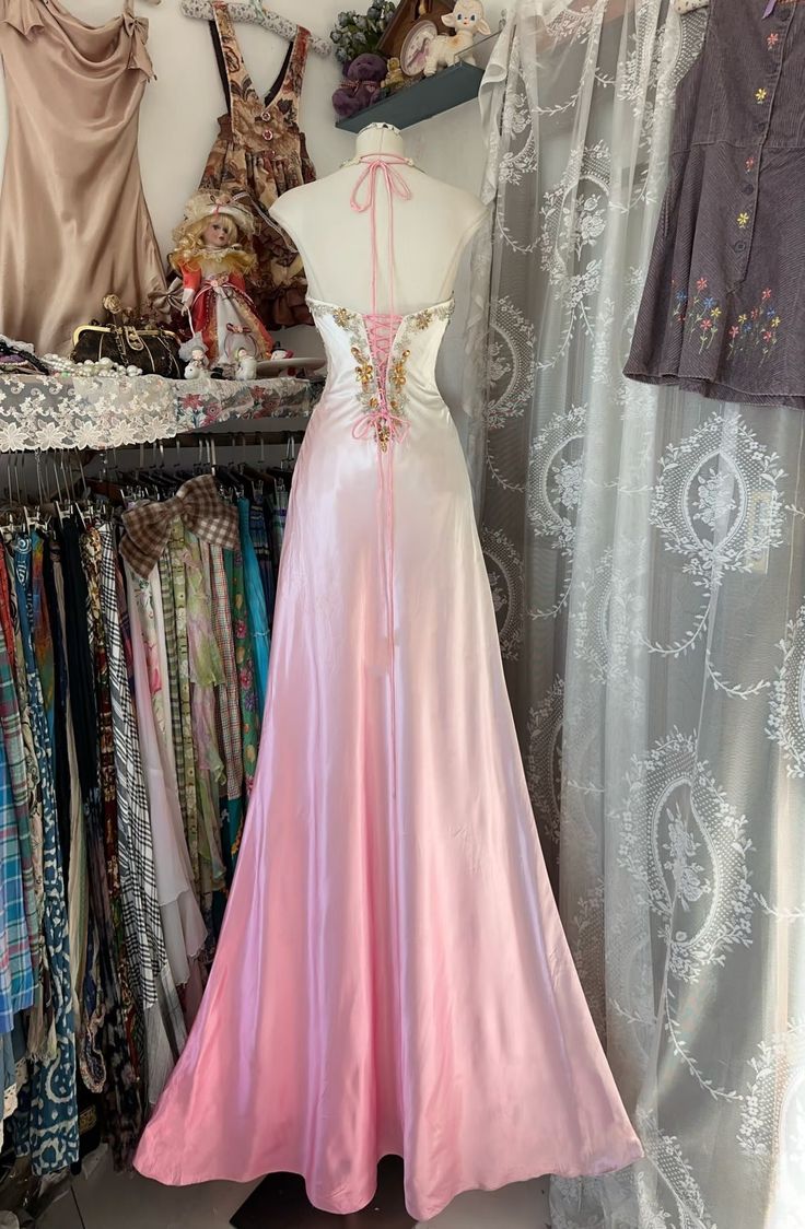 Unique A Line Halter Beaded Pink Ombre Satin Prom Dress Graduation Prom Dress SH2619