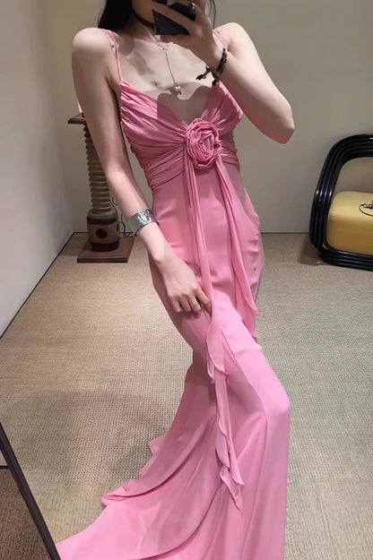 Pink Mermaid Spaghetti Strap Flowy Chiffon Long Prom Dress Evening Dress SH5751