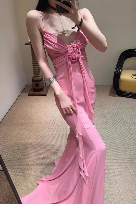 Pink Mermaid Spaghetti Strap Flowy Chiffon Long Prom Dress Evening Dress SH5751