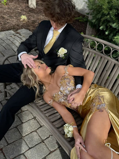 Glamorous Sheath Off the Shoulder Beaded Sequin Golden Satin Prom Dress Evening Dress SH7206