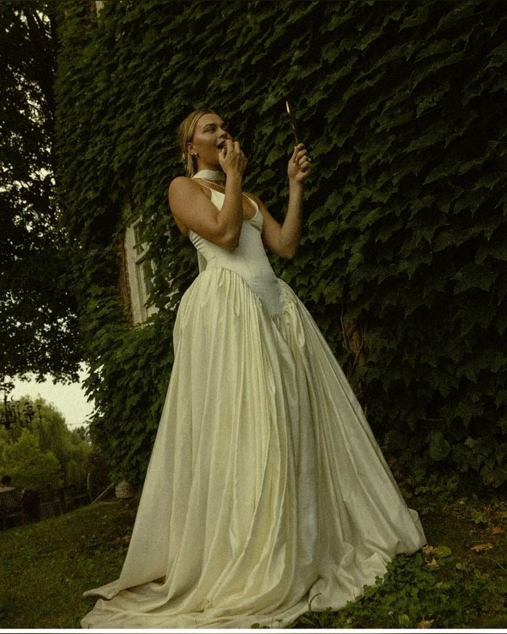 Simple Retro A Line Spaghetti Strap Satin Long Wedding Dress SH5951