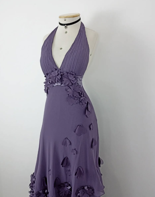 Retro A Line Halter Flower Purple Chiffon Open Back Evening Dress Party Dress SH3167