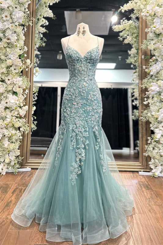 Elegant Mermaid V-neck Applique Tulle Long Ball Gown SH1577