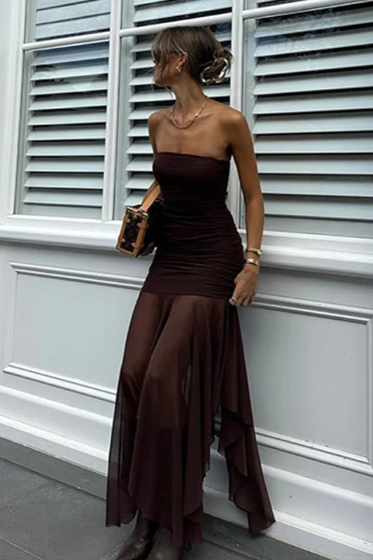 Brown Mermaid Strapless Chiffon Long Prom Dress Evening Dress SH7193