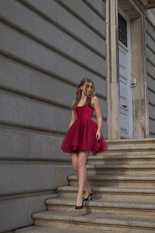 Burgundy A Line Strapless Satin Tulle Mini Homecoming Dress Cocktail Dress SH3724