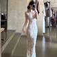 Stunning White Sheath Straps Floral Sequin Long Prom Dress SH5160