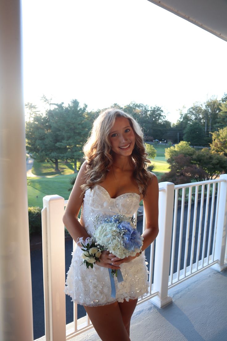 Old Money Homecoming Look Big Blowout Hair White Dress Blue Flowers Classic Elegance SH7455