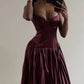Stunning A Line Spaghetti Strap Pleated Dark Burgundy Satin Long Party Dress SH2921