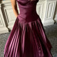 Stunning A Line Spaghetti Strap Pleated Dark Burgundy Satin Long Party Dress SH2921