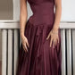 Stunning A Line Spaghetti Strap Pleated Dark Burgundy Satin Long Party Dress SH2921