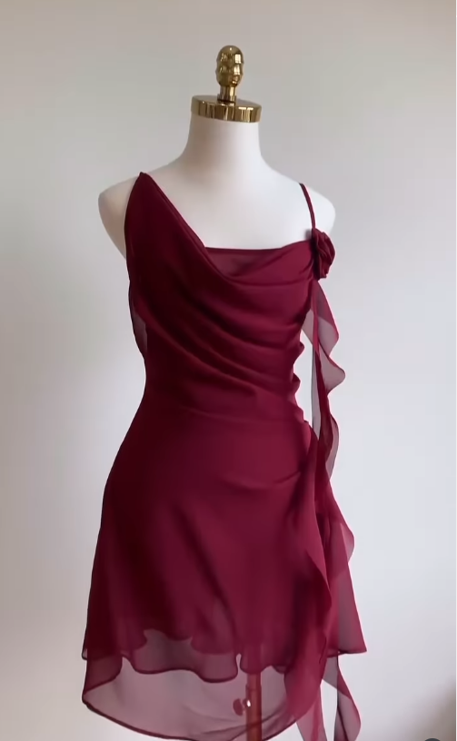 Burgundy A Line Spaghetti Strap Floral Chiffon Short Party Dress Homecoming Dress Outfits SH3601