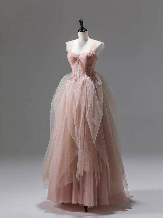 Pink A Line Straps Corset Tulle Long Prom Dress With Ruffles SH1847