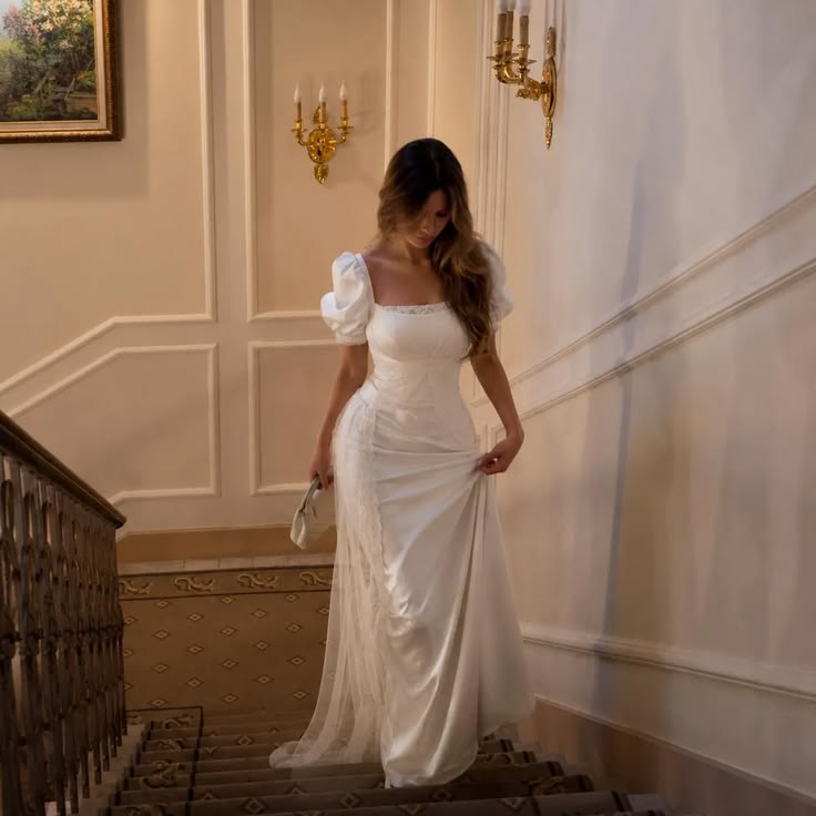 Vintage A Line Puff Sleeve White Lace Satin Long Prom Dress Wedding Dress SH7268