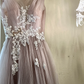 Dusty Rose Quartz A Line Round Neck White Appliques Tulle Long Party Dress Prom Dress Formal Dress SH3854