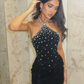 Sexy Sheath Halter Rhinestone Black Satin Short Homecoming Dress Cocktail Dress SH3218