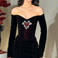 Sexy Black A Line Long Sleeve Exquisite Red Beaded Velvet Long Prom Dress Evening Dress SH6749