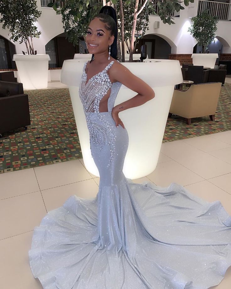 Shiny Sequins African Mermaid Prom Dresses Long Train Black Girls Pageant Graduation Dress P6796