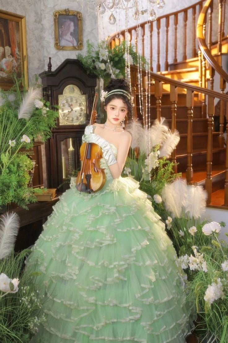 Princess A Line Sweetheart Neck Beaded Green Tiered Tulle Long Party Dress Evening Dress SH2859