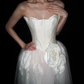 Unique A Line Strapless 3D Floral White Satin Tulle Long Wedding Dress SH5964