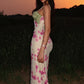 Pink Print Floral Sheath Straps Satin Prom Dress Evening Dress SH5765