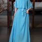 Gentle A Line Round Neck Blue Pleated Chiffon Long Evening Dress Party Dresses SH2905