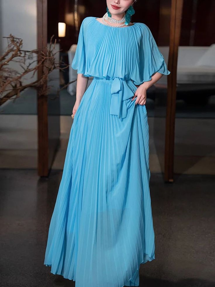 blue pleated chiffon dress A-Line Halter Backless Pleated Blue Chiffon Long Prom Dresses, Blue / 0