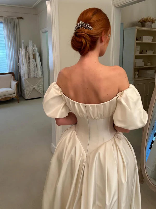 White Simple Elegant A Line Off the Shoulder Satin Long Wedding Dress SH6171