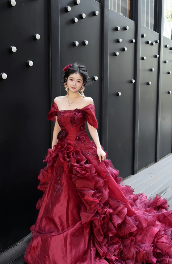 Burgundy Ball Gown Off the Shoulder Beaded Floral Organza Graduation Ball Gown 18th Birthday Dress SH4982