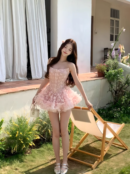 Pink A Line Strapless Appliques Tulle Short Homecoming Dress Cocktail Dress SH3129