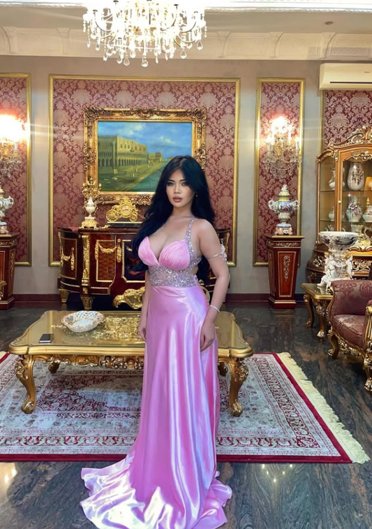 Stunning Pink A Line Halter Beaded Satin Backless Long Prom Dress Graduation Prom Dress SH5487