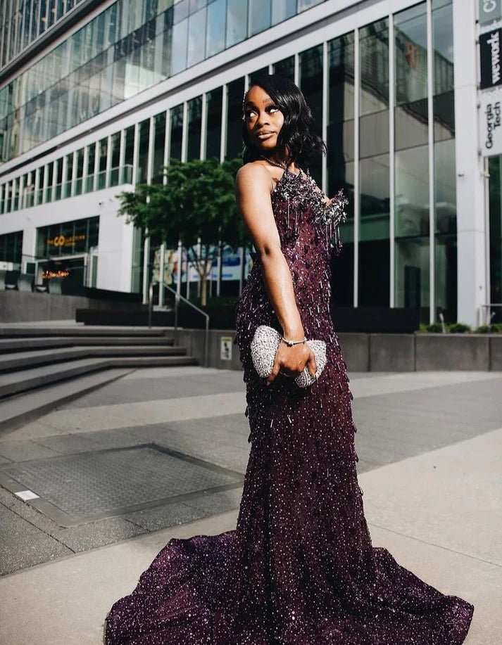 Sexy Special Occasion Dress Mermaid Sweetheart Grape Sequins Prom Dresses With Beads Gem Party Dress Long Evening Dresses SH6408