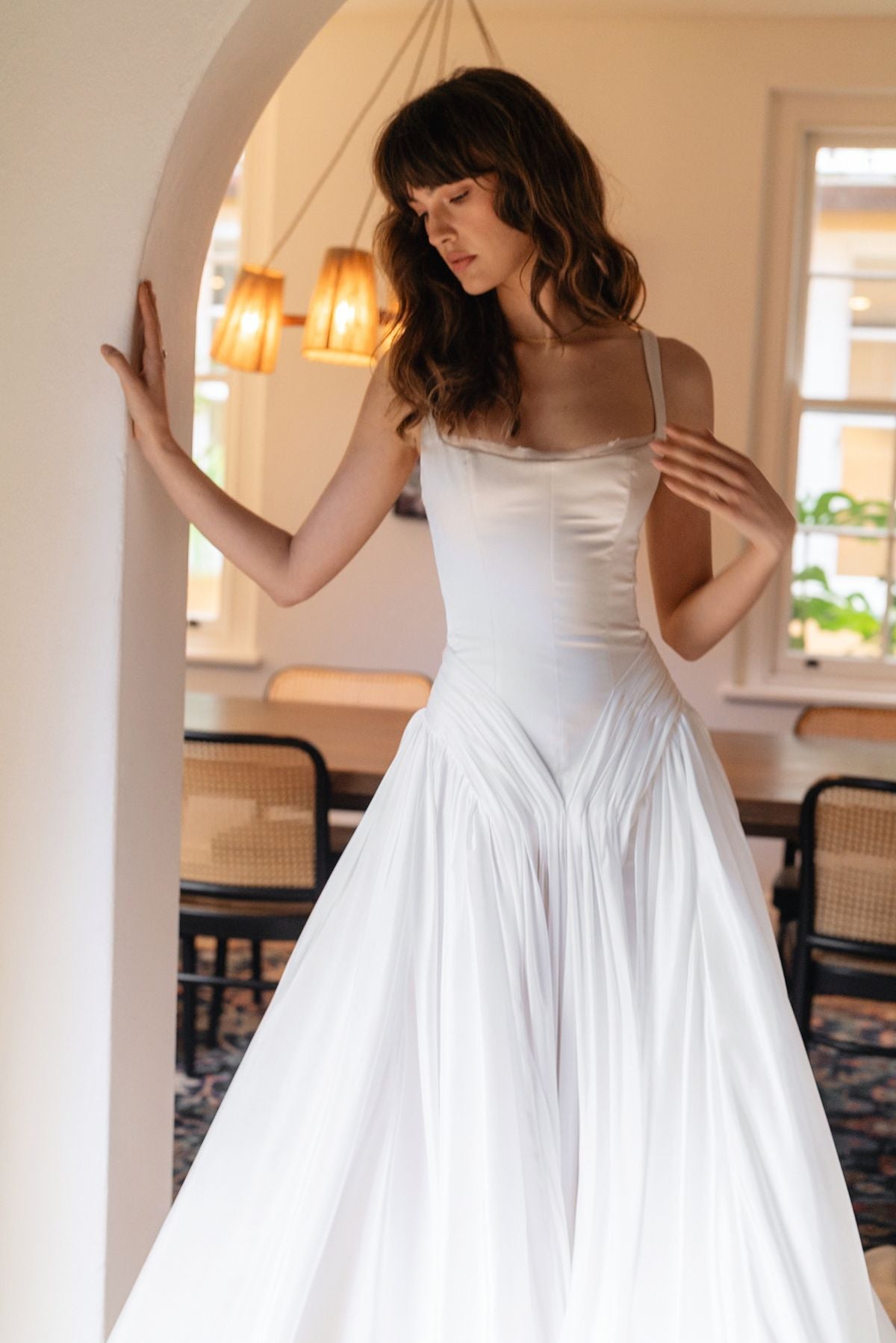 Ethereal A Line Spaghetti Strap Pleated White Chiffon Satin Long Wedding Dress SH7065