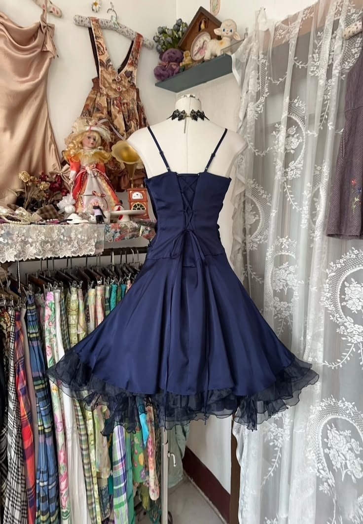 Vintage Navy Blue A Line Spaghetti Straps Organza Satin Short Homecoming Dress Outfits SH5746