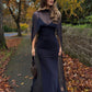 Navy Blue Elegant Sheath V Neck Satin Chiffon Prom Dress Wedding Guest Dress SH5322