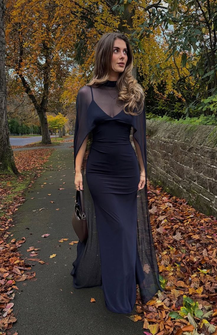 Navy Blue Elegant Sheath V Neck Satin Chiffon Prom Dress Wedding Guest Dress SH5322
