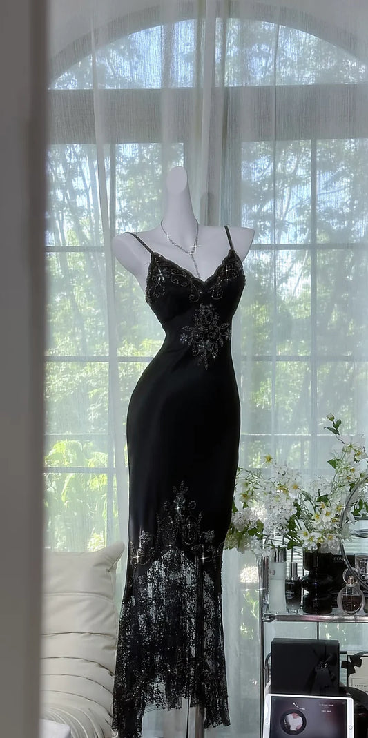 Sexy Black Mermaid Spaghetti Strap Beaded Lace Chiffon Evening Dress Party Dress SH3727