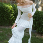Elegant Sheath Long Sleeve Ruffles White Lace Chiffon Prom Dress Evening Dress SH1888