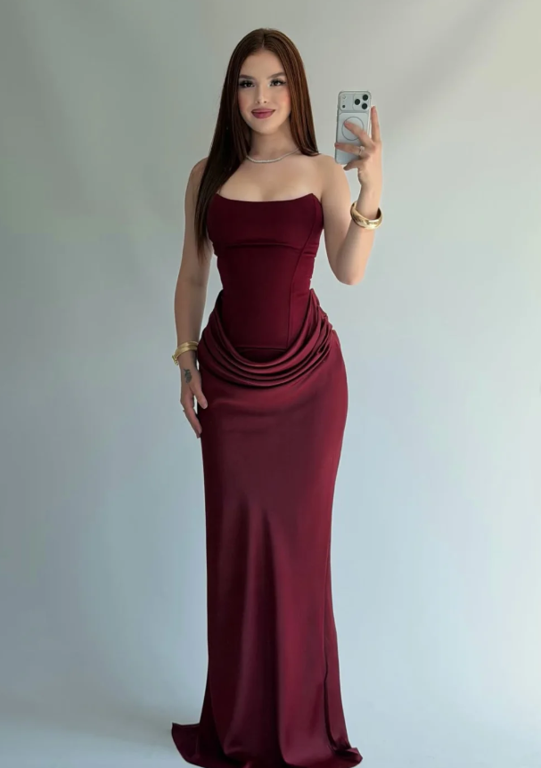 Elegant Sheath Strapless Burgundy Satin Long Prom Dress Evening Dress SH7296