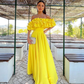 Charming A Line Off the Shoulder Yellow Satin Prom Dress Evening Dress SH2117