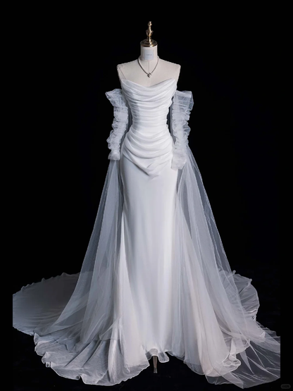 Simple A Line Long Sleeve Pleated Tulle Satin Wedding Dress Prom Dress SH4111