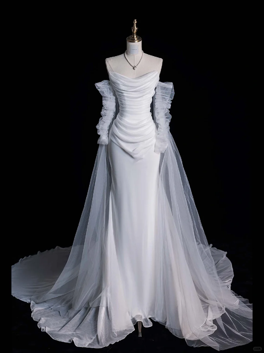 Simple A Line Long Sleeve Pleated Tulle Satin Wedding Dress Prom Dress SH4111