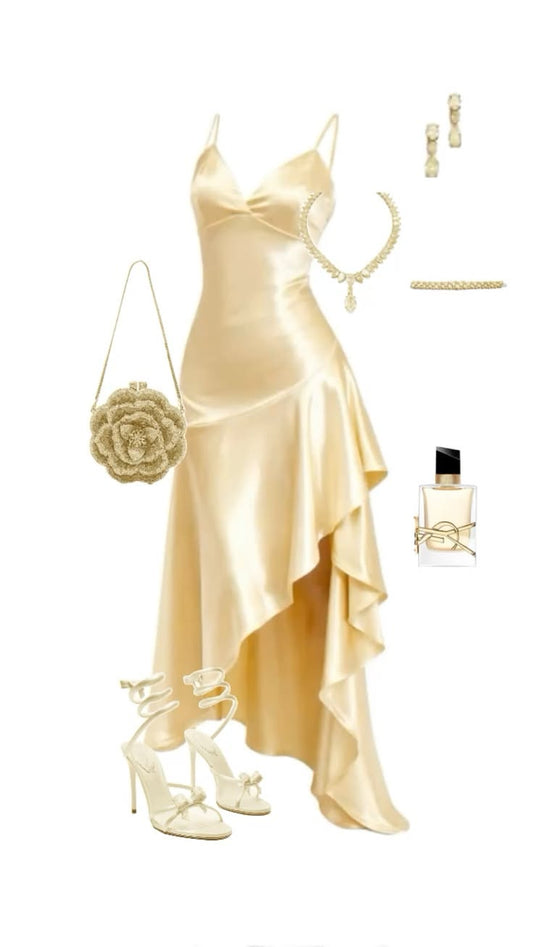Simple Yellow A Line Spaghetti Straps Satin Slit Prom Dress Party Evening Dress SH5697