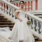 Charming A Line Off the Shoulder White Satin Long Train Wedding Dress SH7550