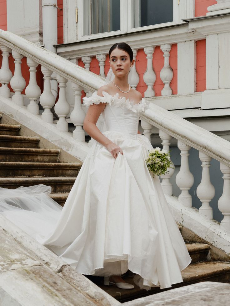 Charming A Line Off the Shoulder White Satin Long Train Wedding Dress SH7550