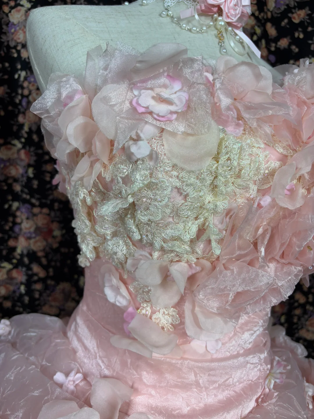 Vintage Princess Light Pink Ball Gown Floral Layered Organza Prom Dress Sweet 16 Dress SH5796