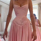 Pink A Line Spaghetti Straps Appliques Satin Long Prom Dress Evening Dress SH1787